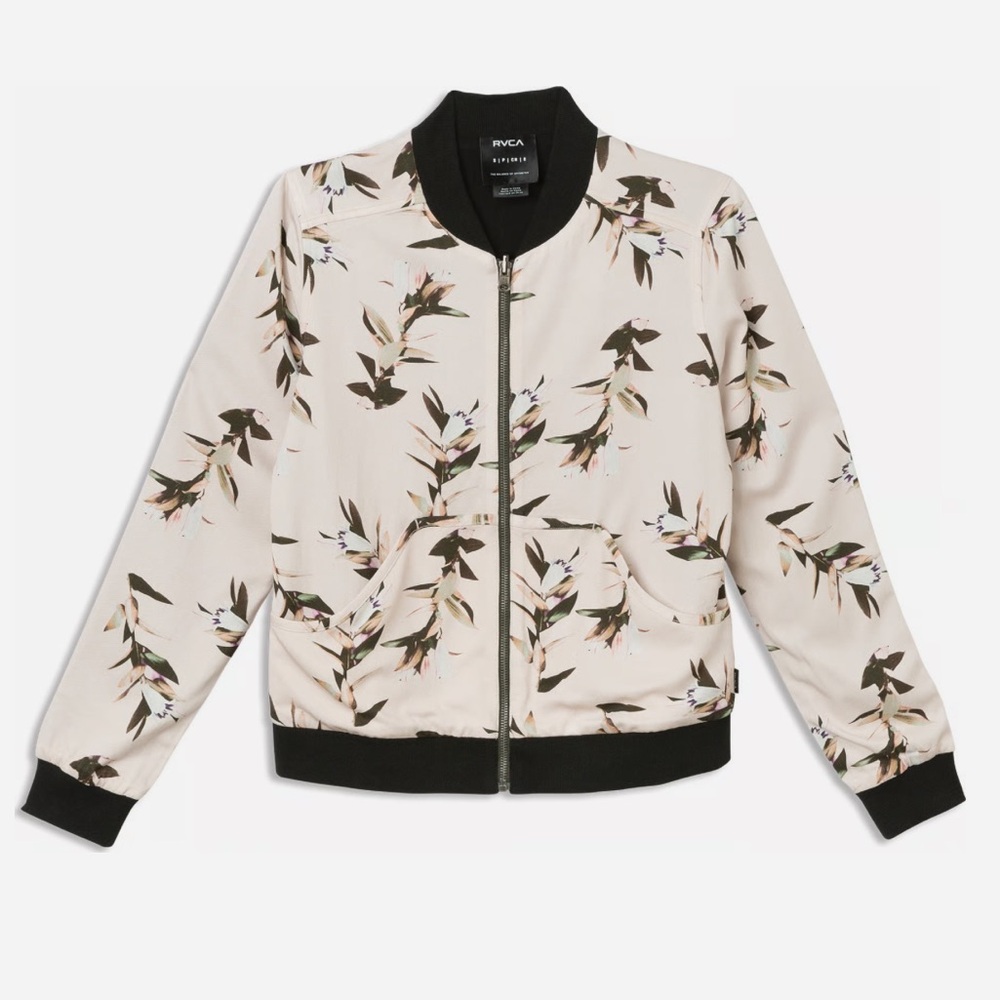 RVCA Heldon Pink Floral Black Reversible Long-Sleeve Bomber Jacket Size Small